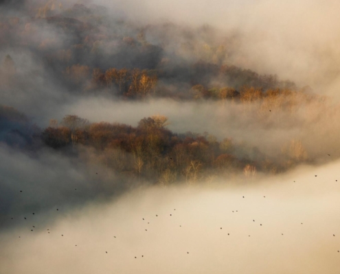 krajina Velké Karlovice – ranní mlha v údolí